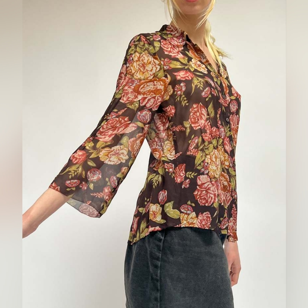 CAbi Sheer Silk Blouse Floral Pintucked Velvet Trim Button Front Shirt Top